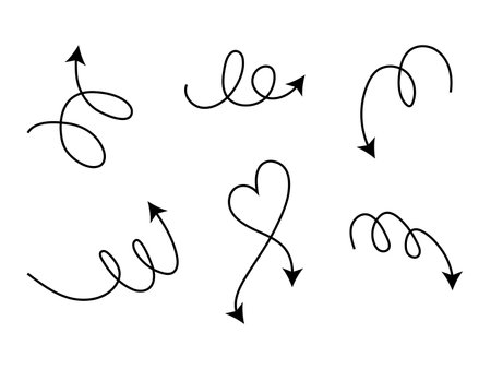 Simple black arrows with swirls and loops. Doodle scribble elements. Arrows to create stylish and trendy design or decor, direction indication. Decorative vector elements isolated on white background.のイラスト素材
