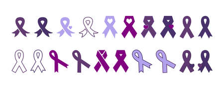 Set of purple ribbon icons. Dementia awareness, cancer, epilepsy and Alzheimer's disease, against homophobia and domestic violence. Vector elements isolated on white background. Awareness ribbons.のイラスト素材