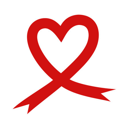 Red ribbon heart shape, love theme. Romantic decorative element for postcards, invitations, heart icon. Wedding, Anniversary, Valentine's Day or Mother's Day. Symbol or sign of love, friendship, care.のイラスト素材