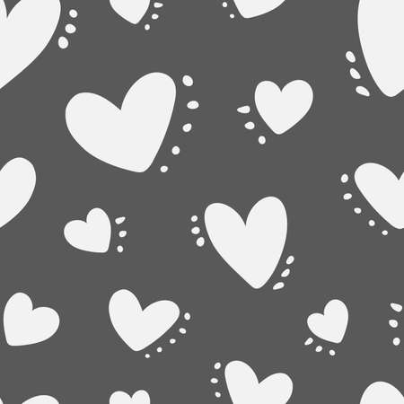 Cute baby gray pattern with white hearts and spots, dots, love texture, romantic print. Seamless pattern for fabric, for textile, with cute hearts, simple hand drawn children's printのイラスト素材
