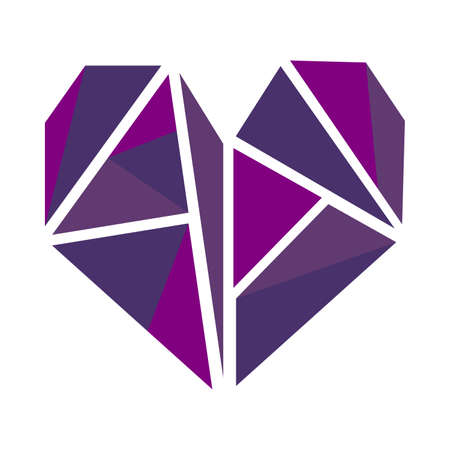Purple polygonal heart vector illustration isolated on white background. Love icon, logo, sign or symbol - heart shape. Romantic decorative element.のイラスト素材