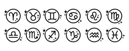 Zodiac signs set, astrological symbols of twelve zodiacal constellations. Vector flat illustrations, isolated on white background. Horoscope elements and celestial black round icons with stars.のイラスト素材