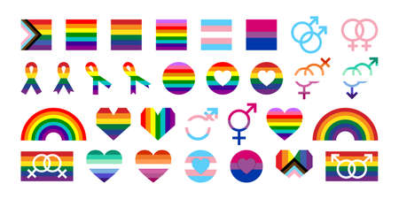 LGBT Pride Month illustrations LGBTQ community concept. Icons set for International LGBT Pride Day. International Day Against Homophobia Transphobia and Biphobia. Rainbow flags, hearts, IDAHOT conceptのイラスト素材