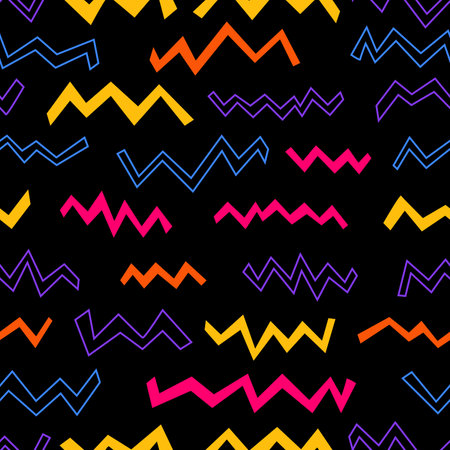 Seamless geometric black pattern with color zig zags. Trendy and stylish print for fabric, textile, wallpaper. Minimalistic abstract pattern, zigzag print, geometric black modern background.のイラスト素材