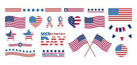 Memorial Day USA set. Independence Day United States icons. USA flag illustration, sign or symbol, badges. Columbus Day, NMAM, traditional patriotic US icons for American national holiday.のイラスト素材