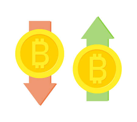 Bitcoin signs with rising and falling arrows. Positive and negative dynamics in crypto market - business, finance and analytics for bitcoin coin.のイラスト素材