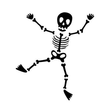 Halloween silhouette black sceleton character. Funny dancing skeleton made of bones, isolated on white background. Vector illustration, magic Halloween decorative element. Dead man character, zombieのイラスト素材