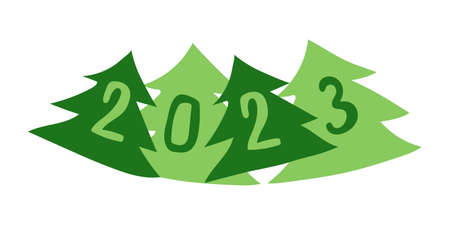 Christmas green trees illustration with numbers 2023. New Year holidays, Christmas Eve - celebration and decoration, festive element. New Year decorative vector element, green holiday trees.のイラスト素材