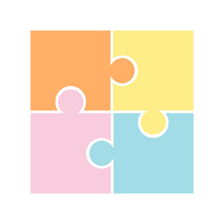 Simple colored element of four puzzles with white stroke. Decorative vector illustration isolated on white background. Concept of game, education or work, combining puzzle parts into a whole conceptのイラスト素材