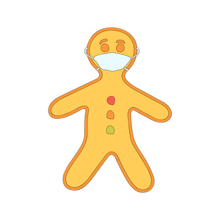 Christmas gingerbread man in face mask illustration. New Year decorative vector character, colorful...