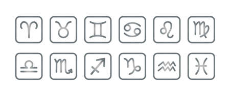 Zodiac signs set, astrological symbols of twelve zodiacal constellations. Vector illustrations, isolated on white background. Horoscope elements and celestial silver gradient square icons.のイラスト素材