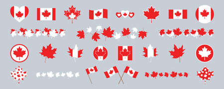 Canada day set. Vector decorative elements, isolated on grey background. Sign symbol Canada maple, white red colors. National holiday, Dominion Day. Emblems and badges for Canadian parade, party.のイラスト素材