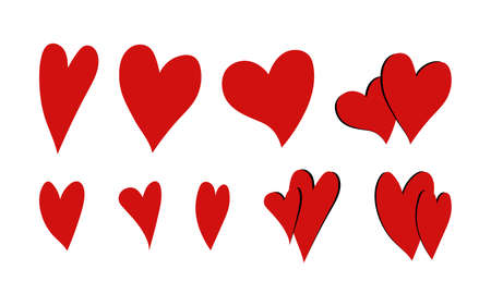 Red hearts decorative elements set. Love vector isolated illustrations for Wedding or Anniversary, for Valentine's Day. Symbol, sign of love and friendship. Cute hearts collection.のイラスト素材