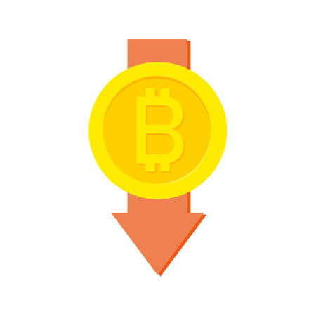 Bitcoin sign symbol with falling arrow. Negative dynamics in crypto market - business, finance and analytics for bitcoin coin, cryptocurrency crash crisis icon. Downtrend and price falls down bitcoin.のイラスト素材