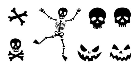Vector illustration, traditional Halloween icons - skeleton, skull and bones. Set scary decorative elements, isolated on white background. Halloween black silhouettes - skull with bones, scary grinsのイラスト素材