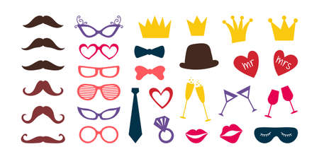 Vector party accessories set for hipsters vintage retro fashion view. Colorful icon set photo booth props in flat style isolated on white background. Photobooth party elements - for birthday, wedding.のイラスト素材