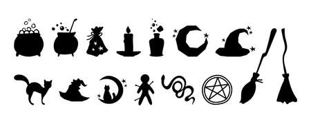 Vector illustration, traditional Halloween icons, magical equipment. Set magic fairy decorative elements, isolated on white background. Halloween black silhouettes - cats, witch hat, brooms and snake.のイラスト素材