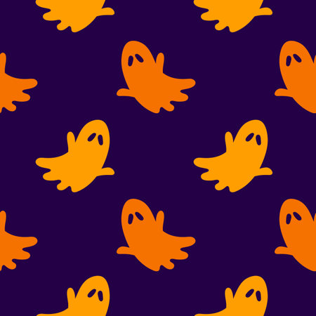 Halloween seamless pattern with scary funny ghosts. Festive scary pattern, colorful Halloween print. Autumn wallpaper or party background with ghosts - for fabric, for textiles, for wrapping paperのイラスト素材
