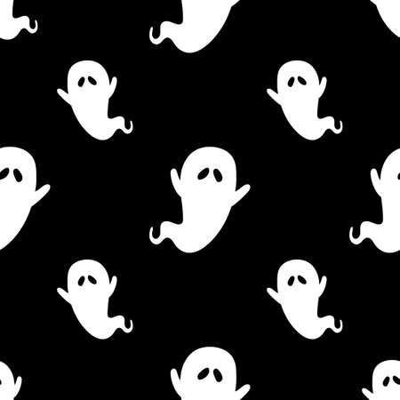 Halloween seamless pattern with scary funny ghosts. Festive scary pattern, colorful Halloween print. Autumn wallpaper or party background with ghosts - for fabric, for textiles, for wrapping paperのイラスト素材
