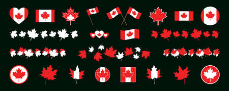 Sign symbol Canada maple, white red colors. National holiday, Dominion Day. Emblems and badges for Canadian parade, party. Canada day set. Vector decorative elements, isolated on black background.のイラスト素材