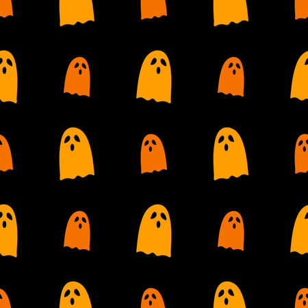 Halloween seamless pattern with funny scary ghosts. Autumn wallpaper or party background with ghosts - for fabric, for textiles, for wrapping paper. Festive scary pattern, colorful Halloween printのイラスト素材