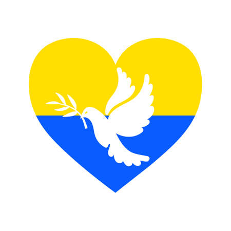 Support Ukraine. Heart shape in Ukrainian flag blue yellow colors with white pigeon on it, dove of peace with olive branch. Russian Ukrainian military conflict symbol sign. Stop war, pray for Ukraine.のイラスト素材