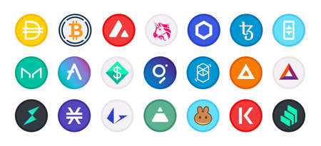 Cryptocurrency symbol, sign, set of vector coins for crypto currency  . Flat DeFi crypto coins illustrations, isolated on white background. Digital crypto market, electronic money emblems.のイラスト素材