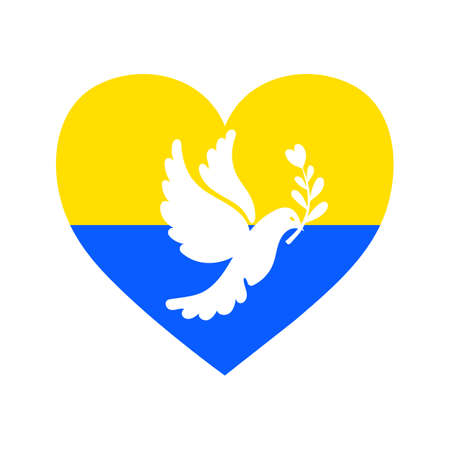 Support Ukraine. Heart shape in Ukrainian flag blue yellow colors with white pigeon on it, dove of peace with olive branch. Russian Ukrainian military conflict symbol sign. Stop war, pray for Ukraine.のイラスト素材