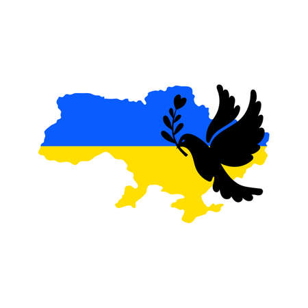 Support Ukraine, no war. Ukrainian map flag blue yellow colors with black pigeon on it, dove of peace with olive branch. Russian Ukrainian military conflict symbol sign. Stop war, pray for Ukraine.のイラスト素材