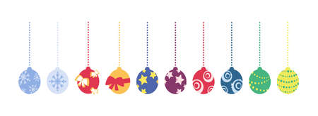 Festive New Year's round balls. Set Christmas balls hanging on strings of beads. Christmas tree decorations and toys, colored decorative elements with different patterns, isolated on white background.のイラスト素材