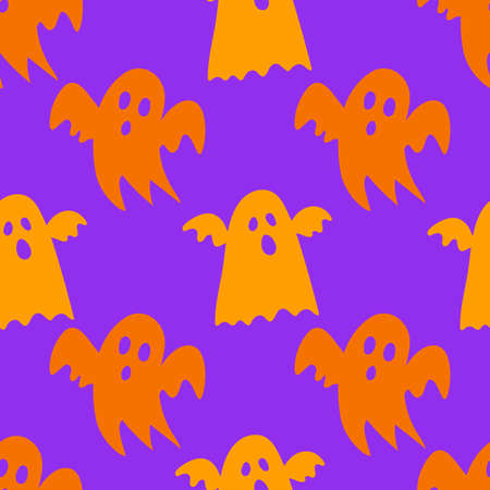 Halloween seamless pattern with scary funny ghosts. Festive scary pattern, colorful Halloween print. Autumn wallpaper or party background with ghosts - for fabric, for textiles, for wrapping paperのイラスト素材