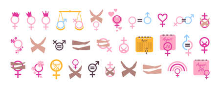 Women's Equality Day icons set. August 26. Holiday concept, equal rights. Collection vector illustrations for woman rights, girl power. Break the Bias icon, female gender signs symbols, breakthebias.のイラスト素材