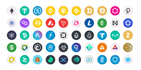 Cryptocurrency symbol, sign, set of vector coins for crypto currency logos. Flat BNB Chain Tokens crypto coins illustrations, isolated on white background. Digital crypto market, electronic money.のイラスト素材