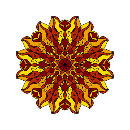 Orange yellow Mandala print for adult coloring book. Decorative round floral ornament. Oriental vector illustration, anti stress therapy, design or decor for yoga and meditation. Geometric flower.のイラスト素材