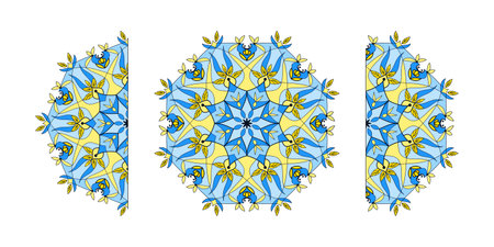Mandala print for adult coloring book. Decorative round floral ornament. Oriental vector illustration, anti stress therapy, design or decor for yoga and meditation, half mandalas in blue yellow colorsのイラスト素材
