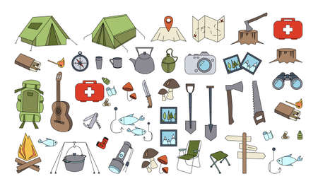 Set of tourism, travel, hiking icons. Line filled colored travel icons isolated on white background. Collection hiking icons stickers in outline color style. Line color flat vector illustrations.のイラスト素材