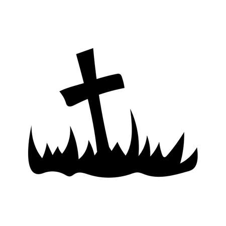 Scary cross tombstone from the ground silhouette, isolated on white background. Vector illustration, traditional Halloween decorative element. Halloween black grave cross - for cricut, design decor.のイラスト素材