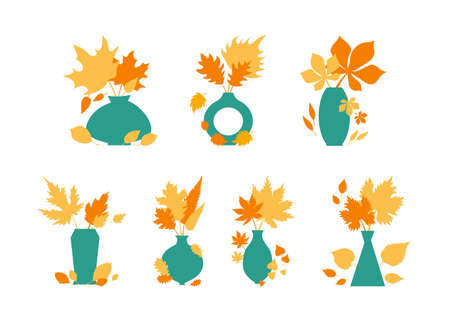 Set autumn orange and yellow leaves in blue vases. Autumn concept for postcard, card, for thematic banner, poster. Flat autumn composition, decorative elements - vector illustration, leaves in vase.のイラスト素材