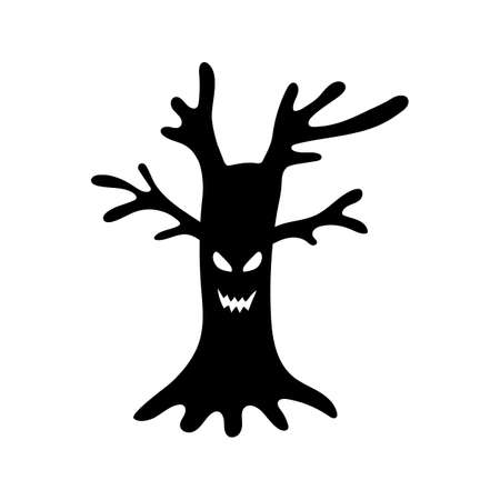 Halloween silhouette black creepy twisted tree - for cricut, design decor. Scary tree silhouette with smirk, isolated on white background. Vector illustration, traditional Halloween decorative elementのイラスト素材