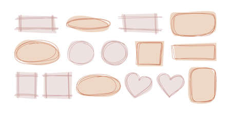 Set hand drawn linear cute frames for text or photo. Pastel lines decorative elements for design, decor and collages - geometric scribble frames, doodle stroke, pastel template shapes.のイラスト素材