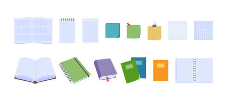 School supplies flat design. Vector set of elements with stationery and school supplies. Back to school. Office and education equipment - book, notebook, paper stickers, notepad and etc.のイラスト素材