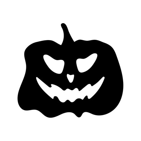 Funny pumpkin silhouette, isolated on white background. Vector illustration, traditional Halloween decorative element. Halloween silhouette black pumpkin head, Jack O Lantern for design or decor.のイラスト素材