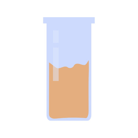 Glass flask with orange liquid illustration. School supply flat design. Back to school. Glass flask icon. Tool for medical and chemical research.のイラスト素材
