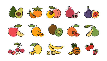 Set outline fruit icons. Vector illustrations of fruits and berries in color line art style. Concept of proper nutrition and healthy food. Colorful vegetarian vegan food icons for site or mobile appのイラスト素材