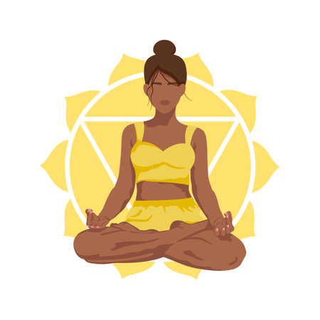 Woman sitting in lotus position, practicing meditation, with chakra in background. Vector illustration in yellow colors for yoga, meditation and mindfulness, for healthy lifestyle. Padmasana yoga poseのイラスト素材