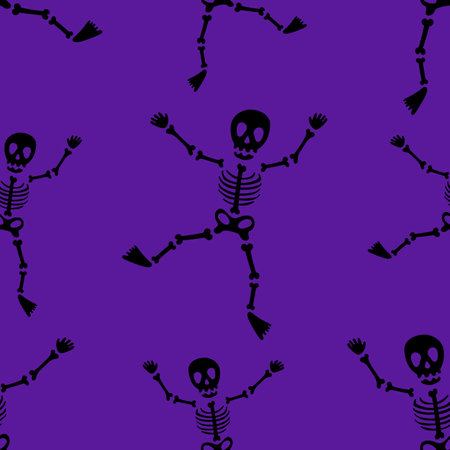 Halloween seamless pattern with dancing skeletons. Scary pattern, colorful Halloween print. Autumn skeleton wallpaper or party background with skulls - for fabric, for textiles, for wrapping paper.のイラスト素材