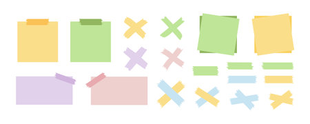 Paper stickers and adhesive tape vector set. Decorative elements, office and school supplies, for collages and scrapbooking. Note papers and sticky tapes - stationery decorations.のイラスト素材