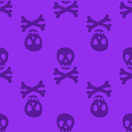 Scary pattern, colorful Halloween print. Autumn pirate wallpaper or party background with skulls - for fabric, for textiles, for wrapping paper. Halloween seamless pattern with skull with crossbones.のイラスト素材