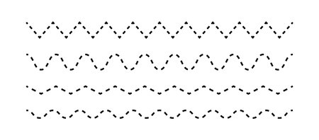 Set of dotted lines - waves and zigzags. Black dotted line collection isolated on white background, sewing cutting kit or school sign symbol for cursive notebooks, vector decorative elementsのイラスト素材