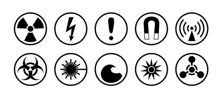 Danger signs and symbols set. Round pictogram, icons for radiation, biological and chemical hazards. Informing about risks and precautions. Symbol, sign of high voltage and radio emission.のイラスト素材